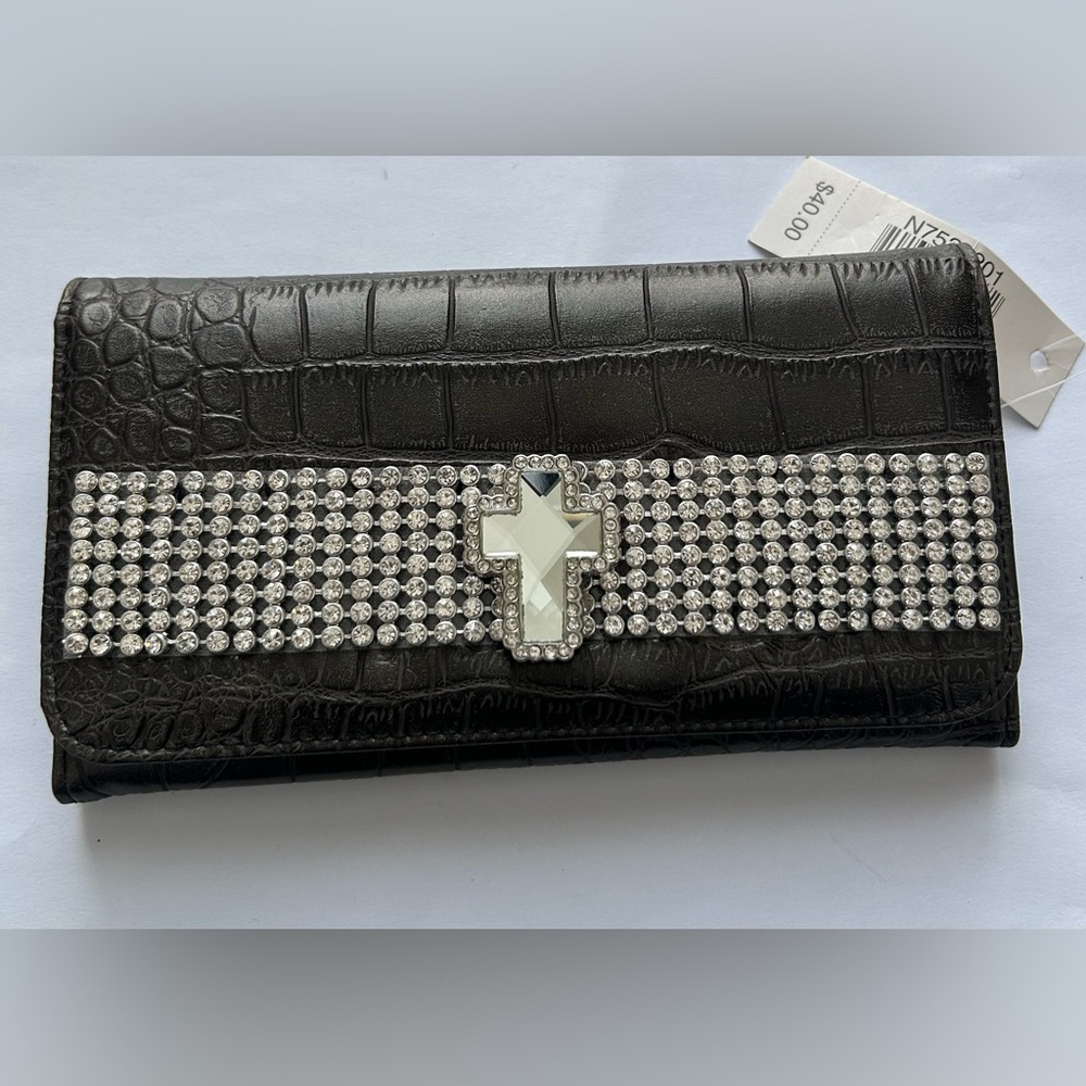 Blazin Roxx Ladies Dark Brown Croc Embossed Wallet with Rhinestones & Cross. New